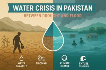 A digital illustration split into two halves shows Pakistan’s water crisis. The left side depicts a drought scene with cracked earth, withered crops, and a farmer carrying an empty container. The right side shows flooded homes and people wading through deep water under stormy clouds. A central water droplet icon is divided into brown (drought) and blue (flood). Infographic icons highlight water scarcity, flooding, and climate change, with overlay text reading “Water Crisis in Pakistan: Between Drought and Flood.”
