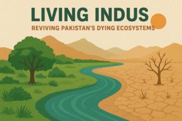 Illustration of Pakistan’s Indus River flowing through green and dry lands, symbolizing ecosystem revival and climate restoration.