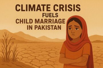 Illustration showing a young girl beside a dried-up field and a climate-stressed landscape, symbolizing the link between climate crisis and child marriage in Pakistan.