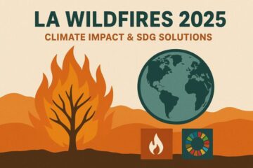 Illustration of LA wildfires 2025 showing a burning tree beside Earth, symbolizing climate crisis and sustainable development solutions.