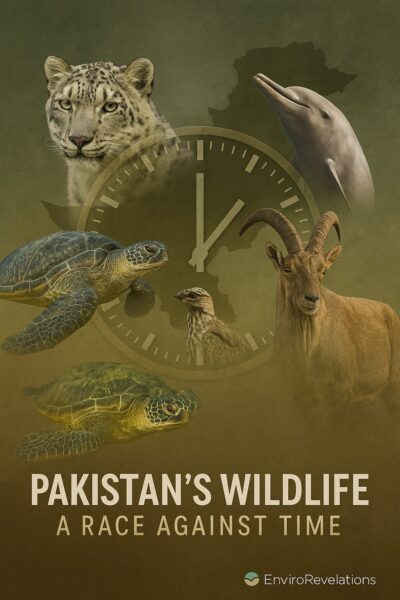 Composite image of five endangered species in Pakistan — snow leopard, Indus river dolphin, green sea turtle, markhor, and houbara bustard — arranged around a translucent clock face, symbolizing urgency. A faint map of Pakistan appears in the background, with overlay text reading “Pakistan’s Wildlife – A Race Against Time” and the EnviroRevelations logo at the bottom.