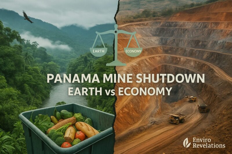 Split-view composite image showing a lush Panamanian rainforest with a winding river and soaring bird on the left, contrasted with a terraced open-pit mine and heavy machinery on the right. A cracked divider runs through the center, topped with scales of justice labeled “Earth” and “Economy.” Overlay text reads “Panama Mine Shutdown – Earth vs Economy,” with the EnviroRevelations logo at the bottom.