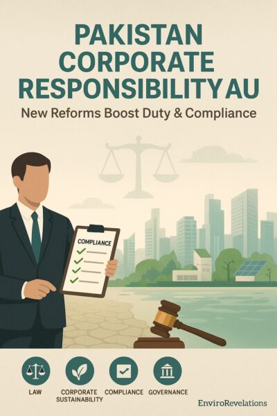 A digital illustration announces “Pakistan Corporate Responsibility Law: New Reforms Boost Duty & Compliance.” The design shows a businessman holding a compliance checklist with green check marks in front of a modern city skyline featuring office towers, greenery, and solar panels. Behind him, faint scales of justice symbolize law and accountability, while a gavel rests in the foreground. At the bottom, infographic icons highlight Law, Corporate Sustainability, Compliance, and Governance. The EnviroRevelations logo is displayed in the corner.