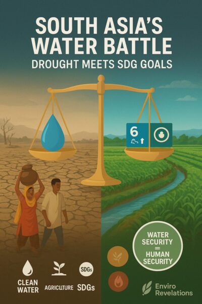 A digital infographic titled “South Asia’s Water Battle: Drought Meets SDG Goals.” The left side shows cracked barren land with villagers carrying water containers, while the right side shows green irrigated farmland. At the center, a golden balance scale holds a water droplet on one side and SDG icons for Clean Water (SDG 6) and Climate Action (SDG 13) on the other, symbolizing the struggle between scarcity and sustainability. Infographic icons for clean water, agriculture, and SDGs appear at the bottom with the callout “Water Security = Human Security.”