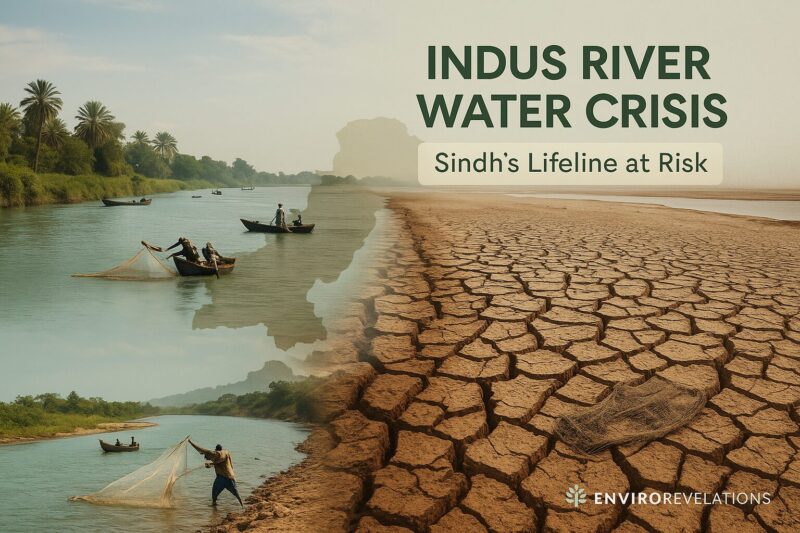 Split-scene composite image of the Indus River in Sindh, Pakistan. The left side shows flowing blue water with fishermen casting nets from boats along lush green banks. The right side depicts a cracked, barren riverbed with an abandoned fishing net, symbolizing the impact of water diversions. Overlay text reads “Indus River Water Crisis – Sindh’s Lifeline at Risk,” with the EnviroRevelations logo in the corner.