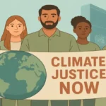 A diverse group of young activists stand in front of the United Nations building, holding an Earth-shaped banner that reads "CLIMATE JUSTICE NOW," symbolizing youth-led global climate advocacy.