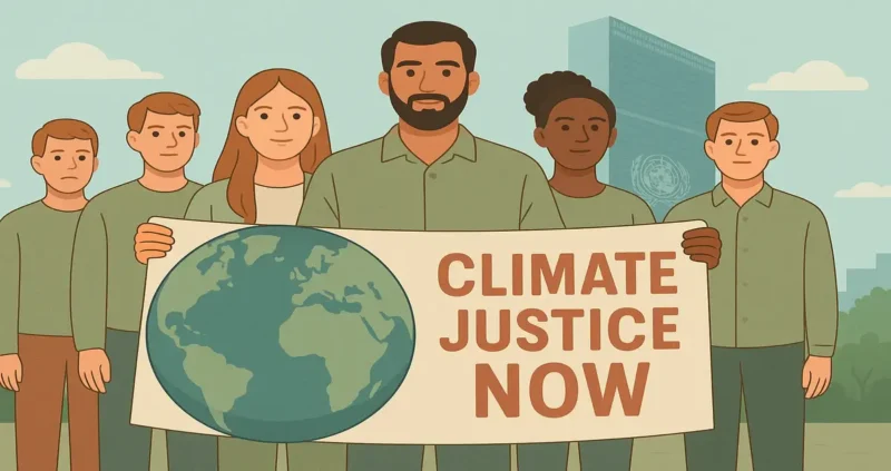 A diverse group of young activists stand in front of the United Nations building, holding an Earth-shaped banner that reads "CLIMATE JUSTICE NOW," symbolizing youth-led global climate advocacy.