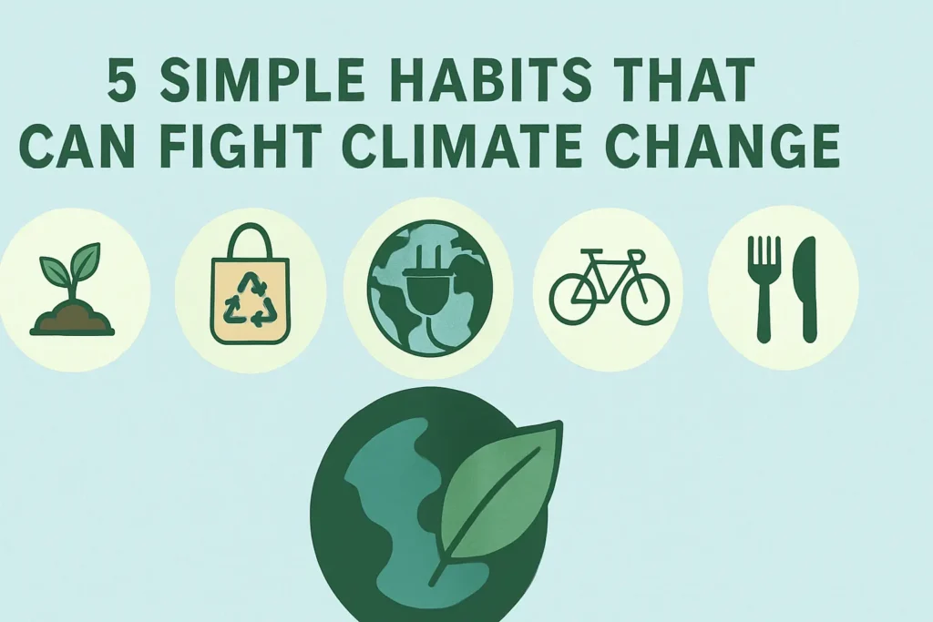 5-habits-climate Five simple flat icons representing planting, reusable bags, clean energy, cycling, and mindful eating to fight climate change