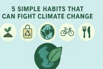 5-habits-climate Five simple flat icons representing planting, reusable bags, clean energy, cycling, and mindful eating to fight climate change