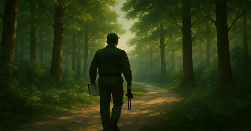 A back-facing conservationist walks through a restored forest in Punjab at golden hour, holding a clipboard and binoculars — symbolizing the guardians of nature.