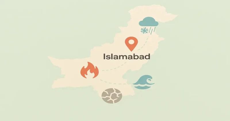 Flat-design map of Pakistan with icons showing climate disasters—hail near Islamabad, floods, fires, and drought elsewhere—highlighting climate risks.