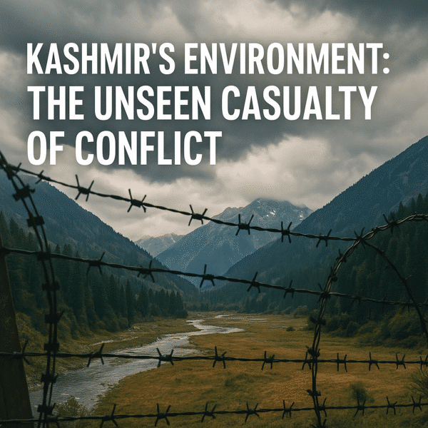 Rusted barbed wire in front of a lush Kashmir valley, symbolizing environmental damage from ongoing conflict.