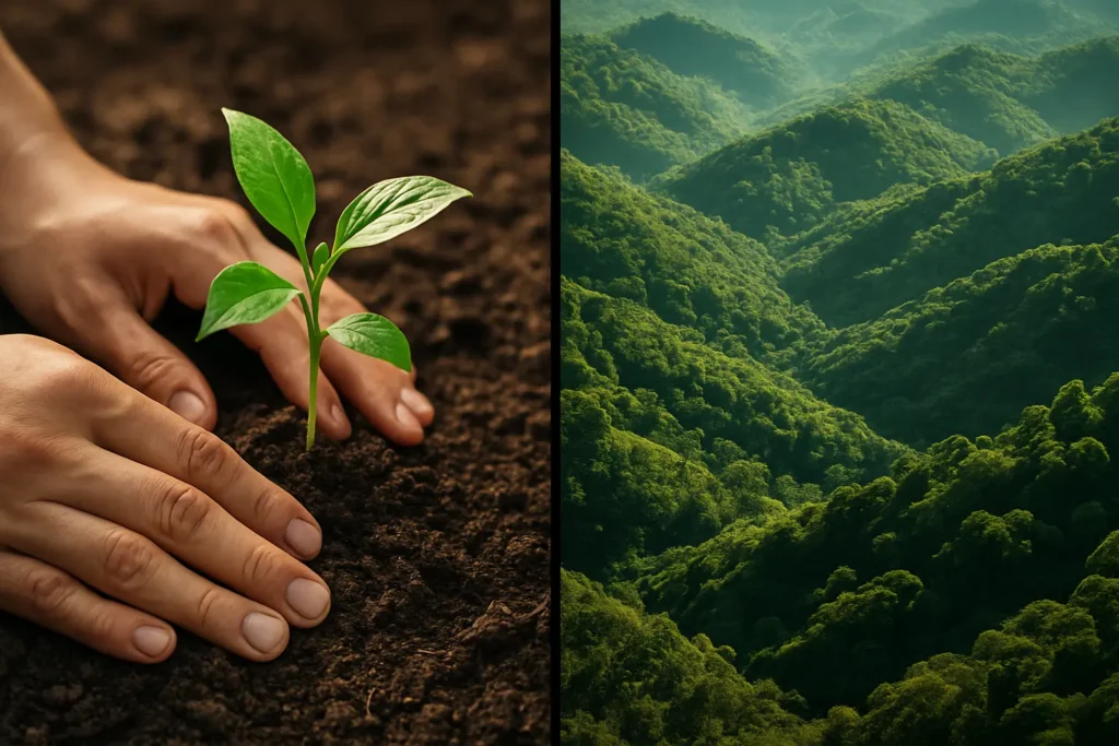 Split-screen: hands planting a seedling on one side and lush reforested hills on the other, illustrating collective restoration