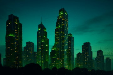 Futuristic city skyline at dusk with vertical gardens and green-lit skyscrapers, exemplifying a sustainable urban utopia.