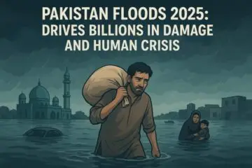 Aerial view of submerged Pakistani villages with people evacuating in boats after severe 2025 floods.