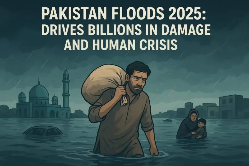 Aerial view of submerged Pakistani villages with people evacuating in boats after severe 2025 floods.