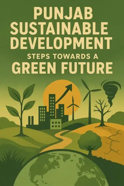Vintage-style poster with the title “Punjab Sustainable Development: Steps Towards a Green Future” above a stylized landscape showing green fields, trees, wind turbines, eco-friendly buildings, and a sun, contrasted with a dry cracked area and a dead tree, symbolizing the choice between sustainability and environmental degradation.