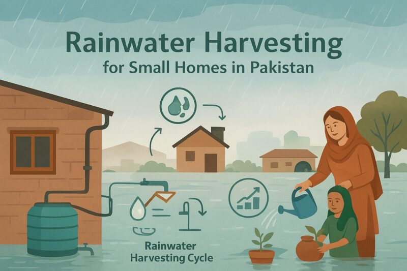A digital infographic shows rainwater harvesting for small homes in Pakistan. Rainwater from a house rooftop flows through gutters into a large turquoise storage tank, illustrated with arrows and icons representing the collection cycle. On the right, a woman and child use the harvested water to irrigate plants, symbolizing sustainable household use. Background elements include modest homes, trees, and rainfall, with the title text “Rainwater Harvesting for Small Homes in Pakistan.
