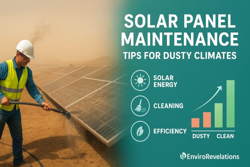 A composite digital illustration shows a technician cleaning solar panels in a dusty desert environment using a water brush. On the right, infographic elements include icons for solar energy, cleaning, and efficiency, along with a bar chart comparing efficiency loss in dusty panels versus clean panels. Overlay text reads “Solar Panel Maintenance Tips for Dusty Climates,” with the EnviroRevelations logo at the bottom.