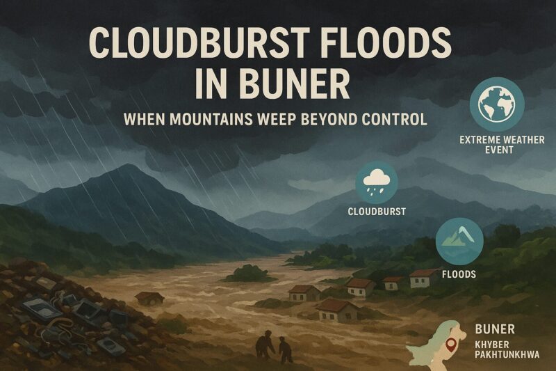 A digital illustration depicts devastating cloudburst floods in Buner, Khyber Pakhtunkhwa. Dark storm clouds release heavy rain over green mountains, causing raging floodwaters to sweep through villages and roads. Silhouettes of villagers move toward higher ground. Infographic icons highlight cloudburst, floods, and extreme weather, with a small map marking Buner. Overlay text reads “Cloudburst Floods in Buner: When Mountains Weep Beyond Control.”