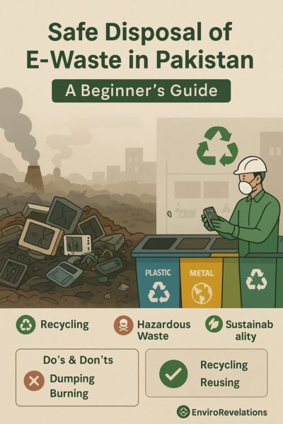 A digital illustration contrasts unsafe and safe e-waste disposal in Pakistan. The left side shows a polluted dumpsite filled with discarded electronics and rising smoke, while the right side depicts a worker in protective gear recycling circuit boards into labeled bins for plastic, metal, and electronics. Infographic icons highlight recycling, hazardous waste, sustainability, and a “Do’s & Don’ts” chart showing ❌ dumping/burning vs ✔️ recycling/reusing. Overlay text reads “Safe Disposal of E-Waste in Pakistan: A Beginner’s Guide,” with the EnviroRevelations logo at the bottom.