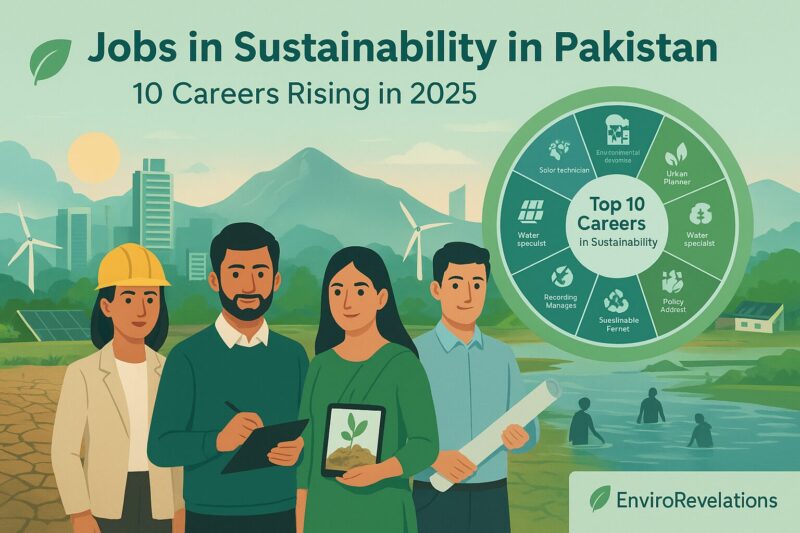 A digital infographic titled “Jobs in Sustainability in Pakistan: 10 Careers Rising in 2025” shows four diverse professionals—an engineer with a helmet, an environmental scientist with a clipboard, a woman holding a tablet with a plant icon, and an urban planner with blueprints—standing in front of a modern city skyline with solar panels, wind turbines, and green rooftops. On the right, a circular infographic lists the top 10 sustainability careers, including solar technician, environmental scientist, urban planner, water specialist, recycling manager, sustainable farmer, CSR manager, climate analyst, policy advisor, and green architect. The EnviroRevelations logo appears at the bottom.