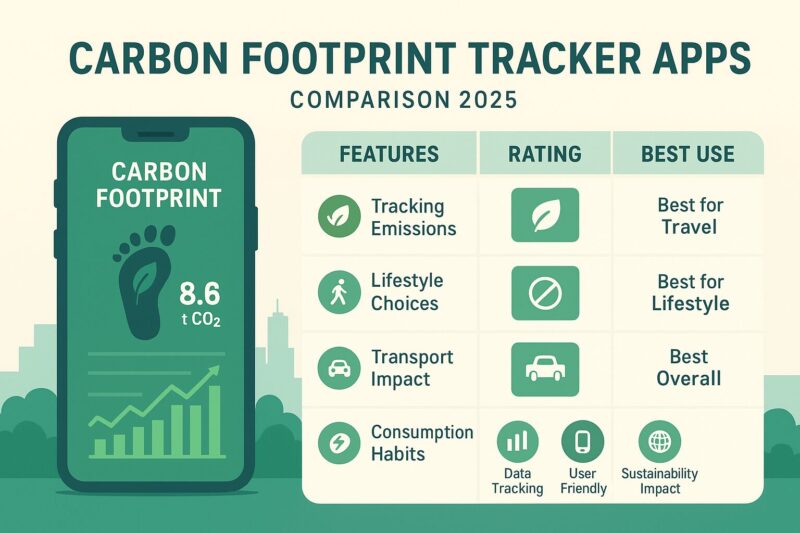 A flat-style digital infographic titled “Carbon Footprint Tracker Apps: Comparison 2025.” On the left, a smartphone screen displays a green carbon footprint dashboard with a footprint icon, CO₂ reading of 8.6 tons, and a rising bar graph. On the right, a comparison table lists features such as tracking emissions, lifestyle choices, transport impact, and consumption habits, with ratings and best uses labeled Best for Travel, Best for Lifestyle, and Best Overall. Icons at the bottom represent data tracking, user-friendliness, and sustainability impact.