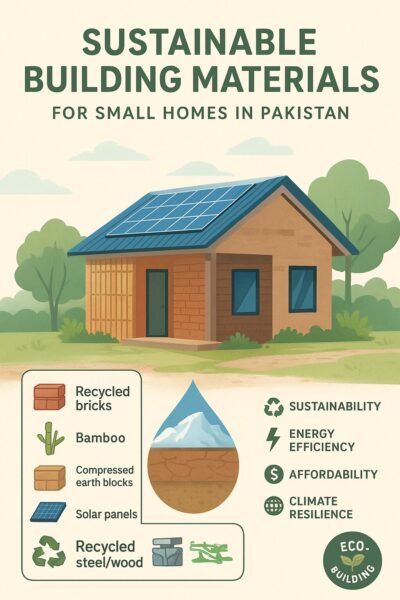 A flat-style digital illustration promotes “Sustainable Building Materials for Small Homes in Pakistan.” The eco-home is built with recycled bricks, bamboo walls, compressed earth blocks, and solar panels on the roof, surrounded by greenery. An infographic highlights key materials—recycled bricks, bamboo, compressed earth blocks, solar panels, and recycled steel/wood—alongside icons for sustainability, energy efficiency, affordability, and climate resilience. A circular badge reads “Eco-Building.”