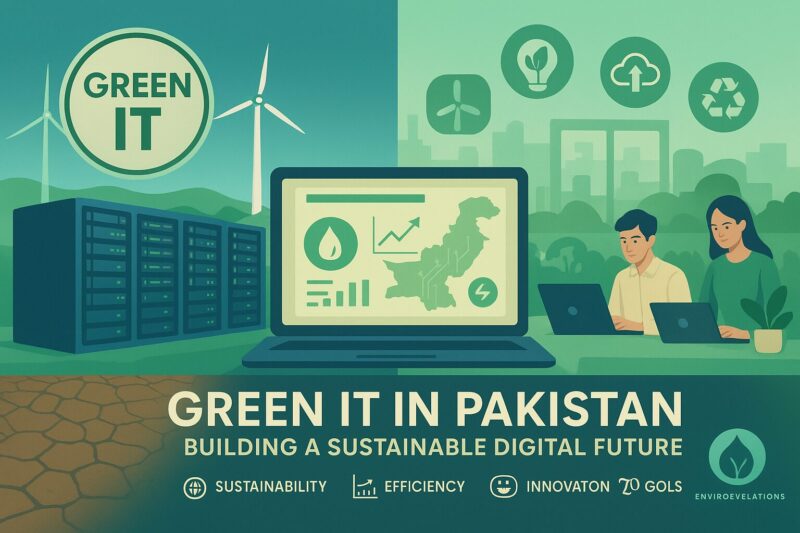 A digital infographic titled “Green IT in Pakistan: Building a Sustainable Digital Future.” The left side shows a data center powered by wind turbines and solar energy, while the right side shows two young professionals working on laptops with eco-friendly tech icons above them, including renewable energy, cloud storage, recycling, and innovation. At the center, a large laptop screen displays graphs, carbon savings icons, and a map of Pakistan with green circuitry lines. The footer highlights Sustainability, Efficiency, Innovation, and SDG Goals with the EnviroRevelations logo on the bottom-right.