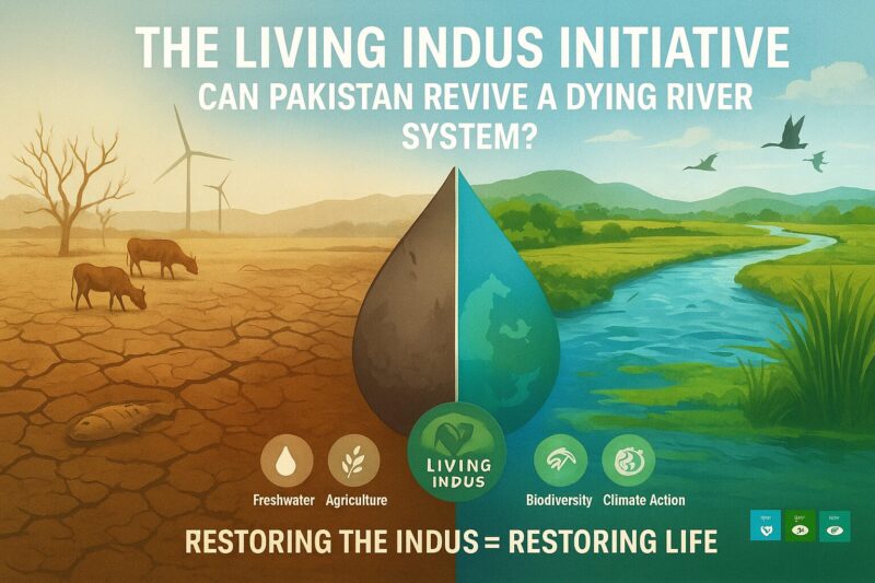 A digital illustration for “The Living Indus Initiative: Can Pakistan Revive a Dying River System?” The image is split into two halves: the left side shows a dry, cracked Indus riverbed with dead fish, bare trees, and thirsty livestock, symbolizing ecological collapse, while the right side depicts a flowing blue-green Indus River surrounded by lush fields, wetlands, and migratory birds, symbolizing revival. A central water droplet is divided into a brown drought half and a blue-green healthy half.