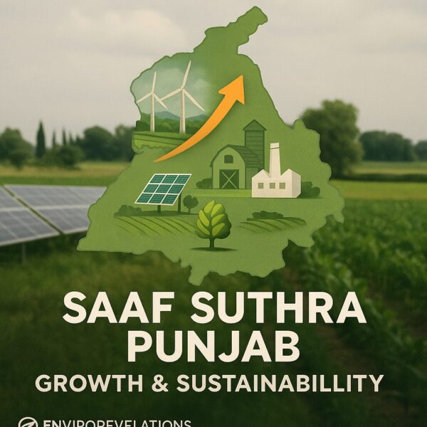 Illustrated map of Punjab, Pakistan overlaid on a rural farmland photo, featuring icons of wind turbines, solar panels, crops, and a factory. An upward orange arrow symbolizes economic growth. Text reads “Saaf Suthra Punjab – Growth & Sustainability,” with the EnviroRevelations logo below.