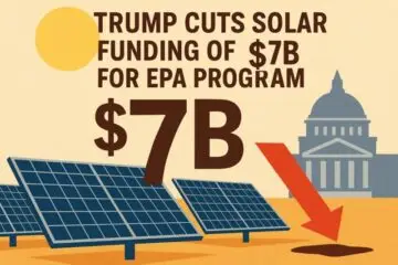 An illustration showing solar panels under a dimmed sun with a government building in the background, symbolizing federal cuts to renewable energy funding.