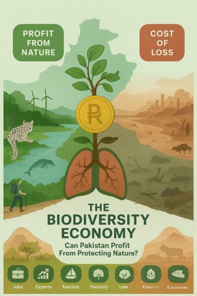 A flat-style digital infographic titled “The Biodiversity Economy: Can Pakistan Profit From Protecting Nature?” shows a split scene of Pakistan. The left side features lush forests, a snow leopard, an Indus River dolphin, wind turbines, and a hiker, symbolizing conservation and eco-tourism. The right side depicts barren landscapes, deforestation, dried rivers, and industrial smog, representing biodiversity loss. At the center, a tree with Pakistani rupee coins grows from roots shaped like lungs, symbolizing nature as economic wealth. Icons along the bottom highlight jobs, exports, tourism, forestry, law, and green finance.