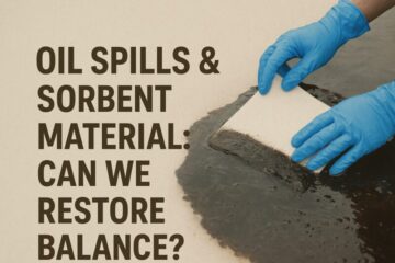 Hands wearing blue gloves using a white sorbent pad to absorb dark oil from contaminated water beside bold text reading “Oil Spills & Sorbent Material: Can We Restore Balance?”