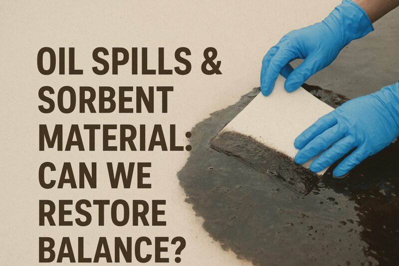 Hands wearing blue gloves using a white sorbent pad to absorb dark oil from contaminated water beside bold text reading “Oil Spills & Sorbent Material: Can We Restore Balance?”