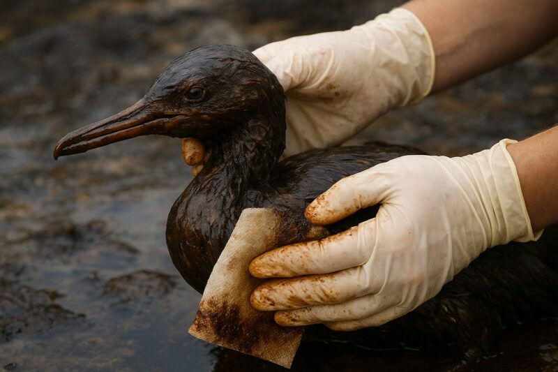 Volunteer cleaning oil-covered seabird with absorbent material after marine oil spill.