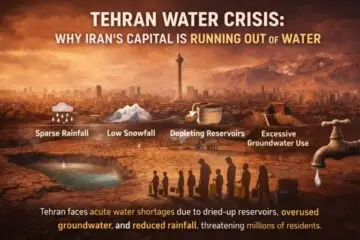 “Infographic showing Tehran’s water crisis: a city skyline under a dry, orange-hued sky with cracked riverbeds, depleted reservoirs, and overused groundwater. Icons illustrate sparse rainfall, low snowfall, depleting reservoirs, and excessive groundwater extraction, while silhouettes of residents line up with containers to collect water, highlighting acute water shortages.”