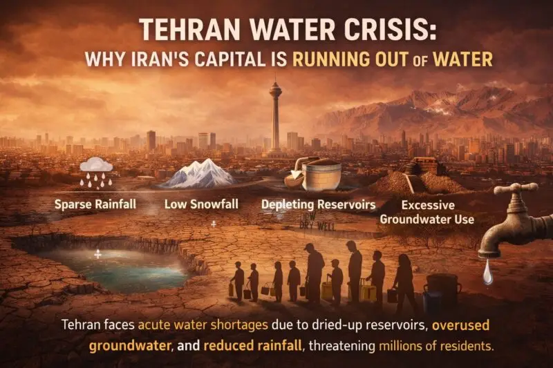 “Infographic showing Tehran’s water crisis: a city skyline under a dry, orange-hued sky with cracked riverbeds, depleted reservoirs, and overused groundwater. Icons illustrate sparse rainfall, low snowfall, depleting reservoirs, and excessive groundwater extraction, while silhouettes of residents line up with containers to collect water, highlighting acute water shortages.”