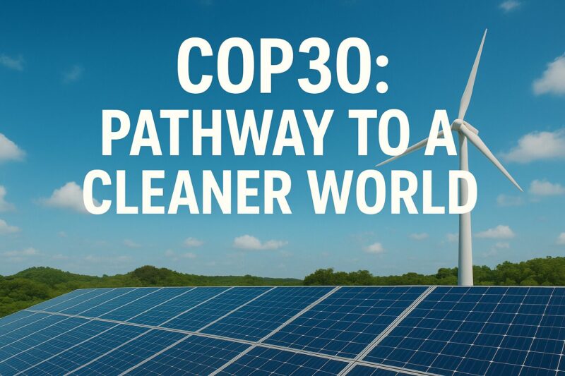 Solar panels and a wind turbine under a clear blue sky with the text “COP30: Pathway to a Cleaner World” centered across the image.