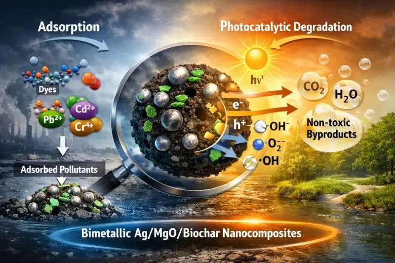Conceptual illustration of bimetallic Ag/MgO/biochar nanocomposites showing dual water treatment mechanisms: adsorption of dyes and heavy metal ions (Pb²⁺, Cd²⁺, Cr⁴⁺) on the biochar surface and sunlight-driven photocatalytic degradation producing non-toxic byproducts (CO₂ and H₂O) via reactive species.