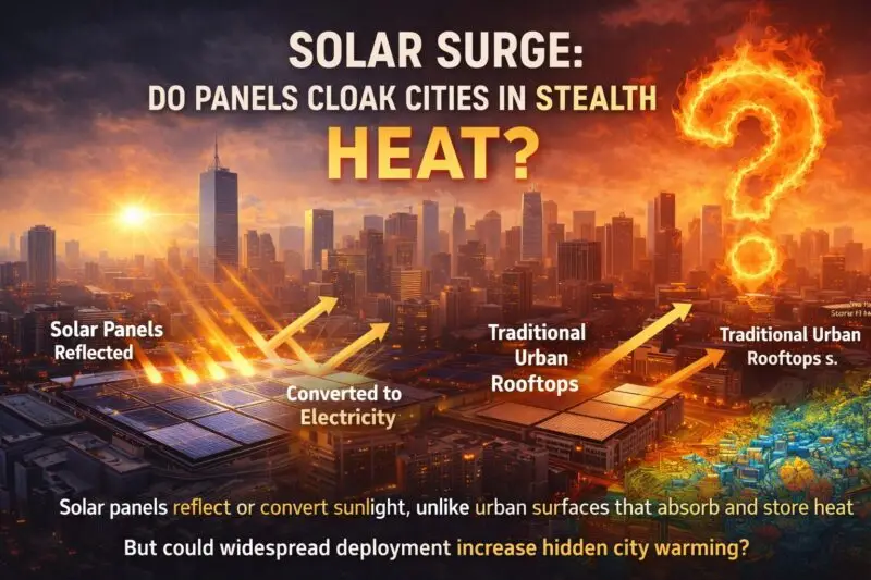 “Infographic-style cityscape showing rooftops covered with solar panels contrasted against traditional urban roofs, illustrating solar energy reflection and conversion to electricity versus heat absorption, with the headline ‘Solar Surge: Do Panels Cloak Cities in Stealth Heat?’ and visual cues representing urban heat dynamics.”