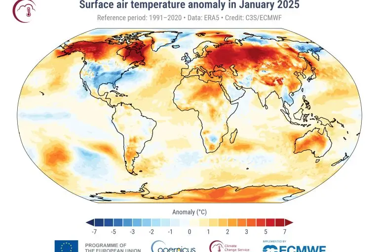 Feature illustration showing a glowing, overheated Earth with red and orange temperature bands encircling the globe, overlaid by the headline “2025 – The Warmest Year on Record (WMO / Copernicus Confirmation)” in bold, high-contrast text.