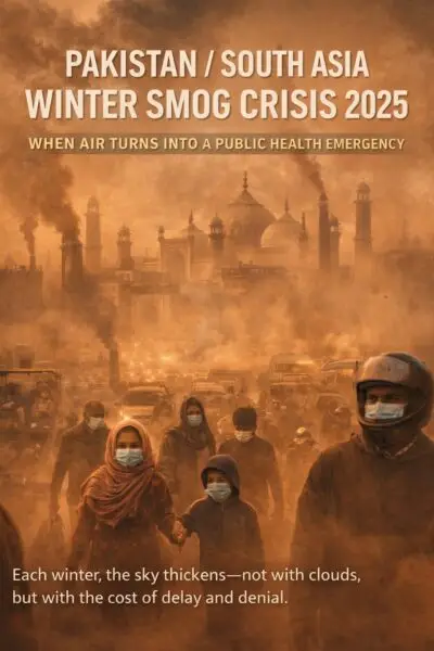 “Winter smog engulfs a South Asian city in 2025, with masked pedestrians moving through dense orange haze as traffic, industrial emissions, and a historic mosque fade into the background, illustrating Pakistan and South Asia’s severe air pollution crisis.”