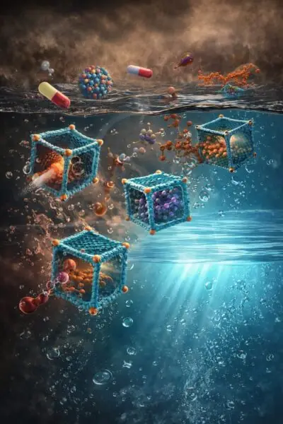 “Scientific illustration of metal–organic frameworks (MOFs) removing emerging contaminants such as pharmaceuticals and pesticides from polluted water, producing clean water.”