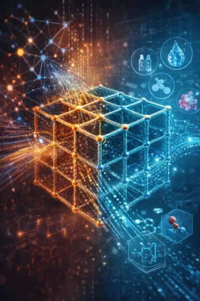 “Futuristic scientific illustration of a metal–organic framework (MOF) crystal lattice integrated with artificial intelligence elements, including neural networks, data streams, and digital code, symbolizing AI-driven discovery and design of advanced materials.”