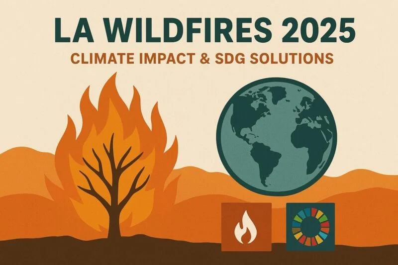 Illustration of LA wildfires 2025 showing a burning tree beside Earth, symbolizing climate crisis and sustainable development solutions.