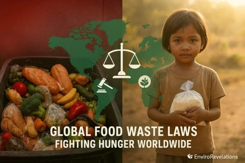 Split-scene composite image showing discarded fresh food, including bread, vegetables, and fruits, on the left, contrasted with a young girl holding a bag of food in a rural setting on the right. A green world map overlay in the center features icons of justice scales, a gavel, and a sustainability symbol. Text reads “Global Food Waste Laws – Fighting Hunger Worldwide,” with the EnviroRevelations logo in the bottom-right corner.