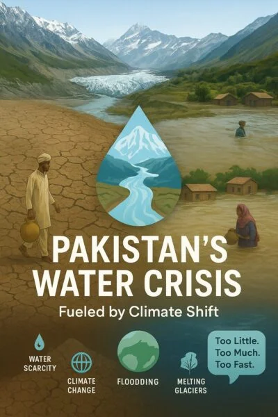 A composite digital illustration highlights “Pakistan’s Water Crisis: Fueled by Climate Shift.” The top shows melting glaciers feeding rivers, the left side depicts cracked barren land symbolizing drought, and the right side shows flooded homes with villagers wading through water. In the center, a large water droplet icon is divided into glacier, drought, and flood sections. At the bottom, infographic icons represent water scarcity, climate change, flooding, and melting glaciers with the text bubble “Too Little. Too Much. Too Fast.”