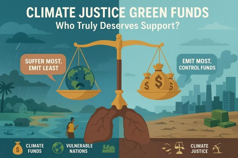 A flat-style digital infographic titled “Climate Justice Green Funds: Who Truly Deserves Support?” shows a golden balance scale. On the left side, a sad Earth and vulnerable communities affected by floods are labeled “Suffer Most, Emit Least.” On the right side, large money bags are labeled “Emit Most, Control Funds” with factories and skyscrapers in the background. Icons at the bottom represent climate funds, vulnerable nations, and climate justice.