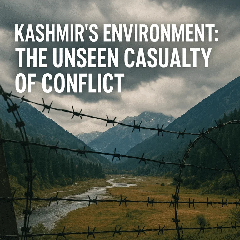 Rusted barbed wire in front of a lush Kashmir valley, symbolizing environmental damage from ongoing conflict.